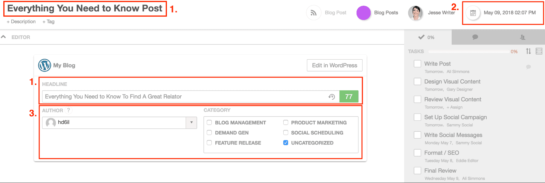 WordPress project in CoSchedule with the title, publish date, headline, author and categories marked.