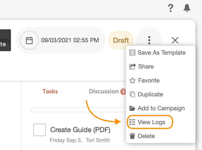 A project's three-dot menu open, with the View Logs option to see that project's access logs.