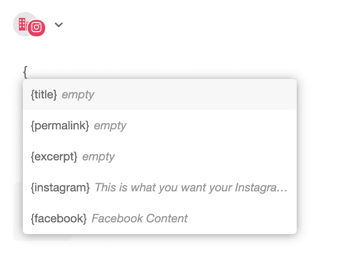 Helper list in a template message after typing a curly brace, showing default and custom text helpers