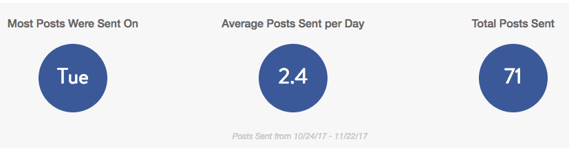 Social Profile Report summary showing the busiest posting day, average posts per day and total posts.