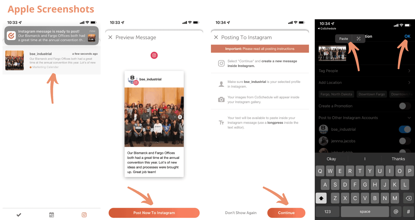 iPhone steps: tap the notification, tap Post Now To Instagram, tap Continue, then paste the caption in Instagram