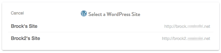 Select a WordPress Site window listing two connected sites to choose where the new post goes.