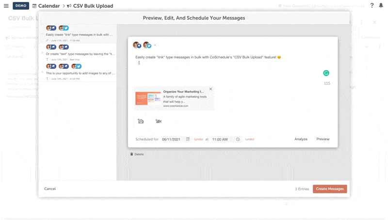 Clicking Create Messages to add the uploaded messages to the social campaign.