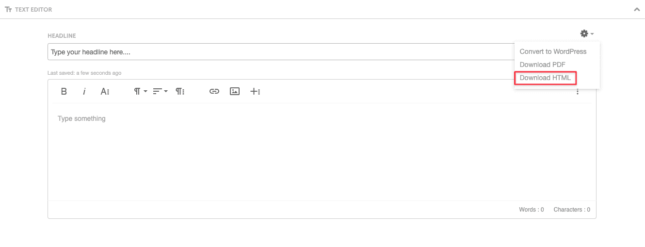 The cog menu of a project's text attachment open, with the Download HTML option.