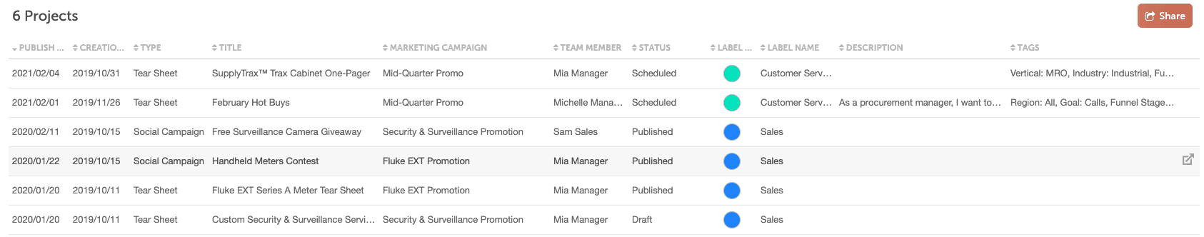 Project Report listing the projects that match the selected filters, with columns for each project's details.