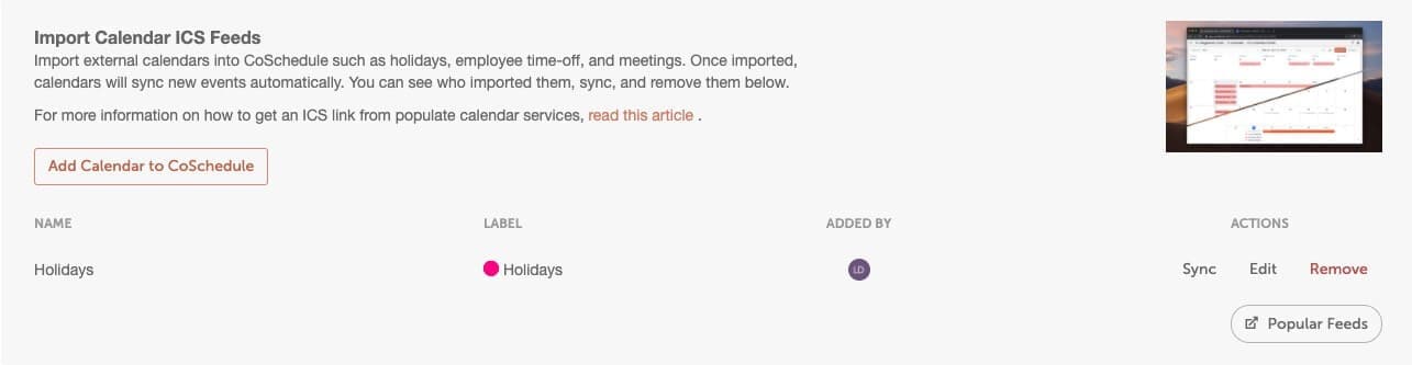 Calendar Sync import section with Add Calendar to CoSchedule and popular feed options.