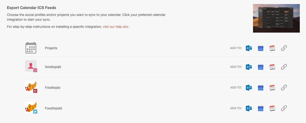 Calendar Sync export section for choosing projects or social profiles to send to another calendar.