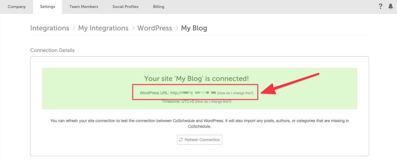 Connection Details for a WordPress site with the connected WordPress URL highlighted.