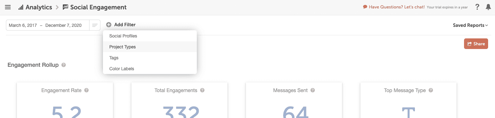 Social Engagement Report with filters for profiles, project types, tags, color labels and a date range at the top.