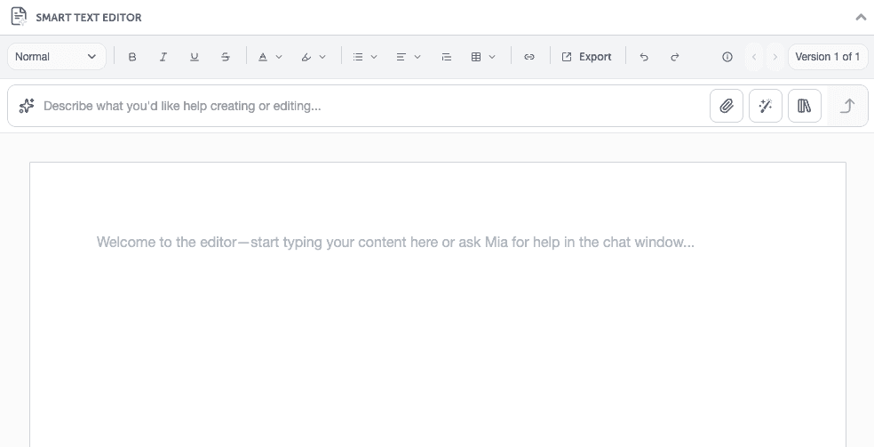 Smart Editor open in a project, with the chat bar above the document and modules in the sidebar.