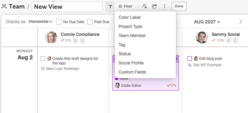Saved team view on the Team Management Dashboard, filtered to show only chosen team members.