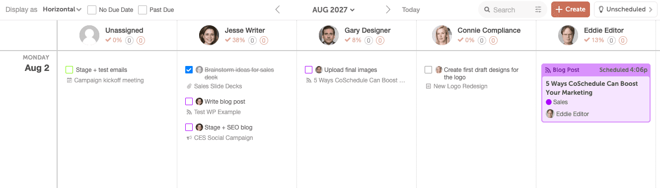 Team Management Dashboard listing each team member's tasks by day with a percentage breakdown of their projects.