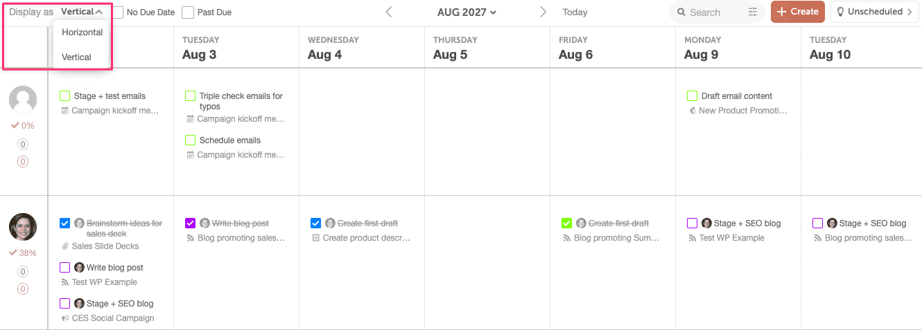 Team Management Dashboard in vertical orientation, showing the projects scheduled for each day.