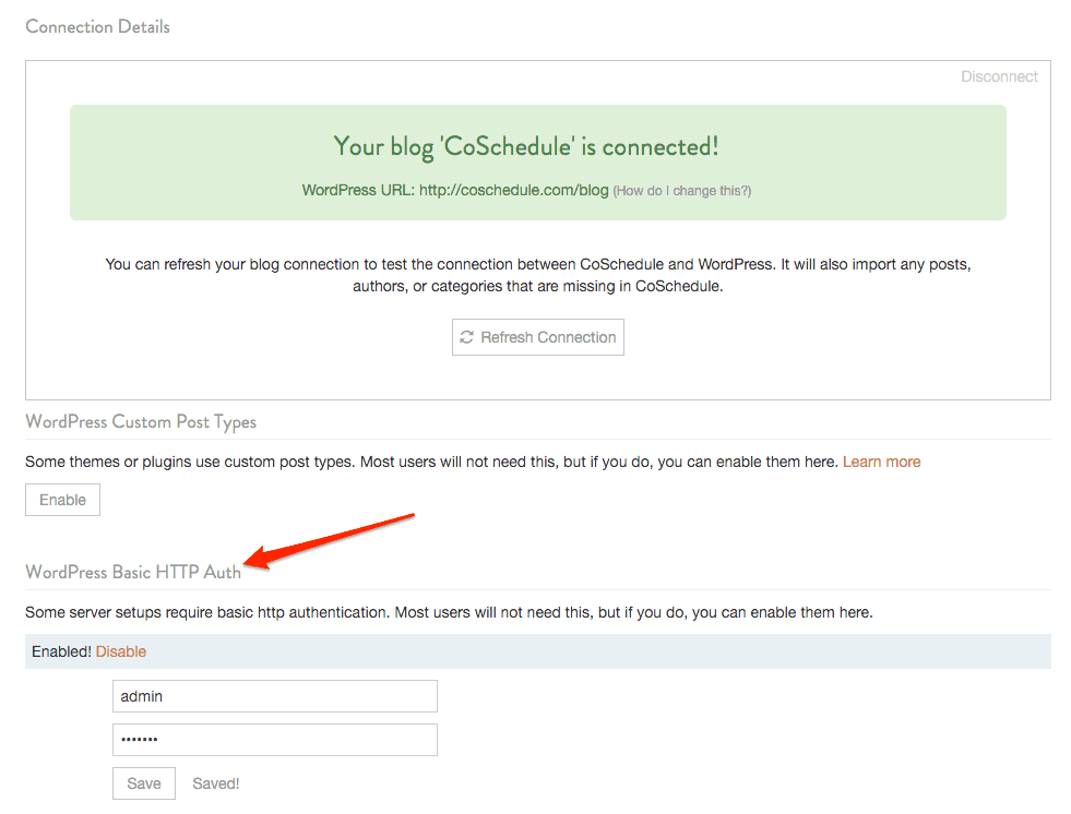 WordPress Basic HTTP Auth enabled in CoSchedule, with username and password fields and a Save button.