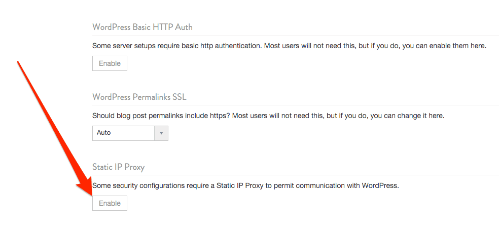 WordPress site settings in CoSchedule with an arrow pointing to Enable under Static IP Proxy.