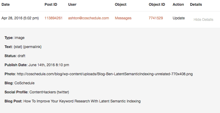 Access Logs page in CoSchedule Settings, listing actions by date, user, object and action.