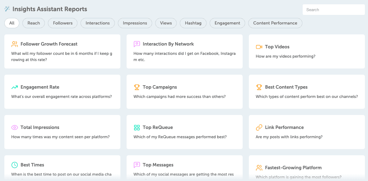 Insights Assistant Reports list with category buttons, a search box and prompt cards such as Engagement Rate.