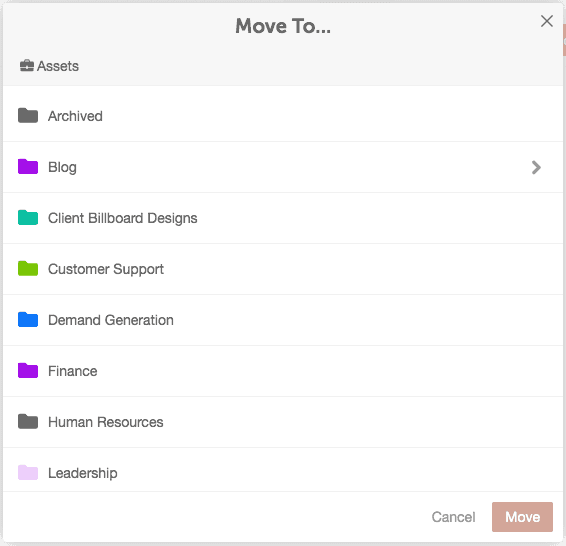 Choosing a destination folder in Assets and clicking Move.