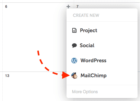 The + menu on a calendar date with the Mailchimp project type, the first step in creating a Mailchimp email.