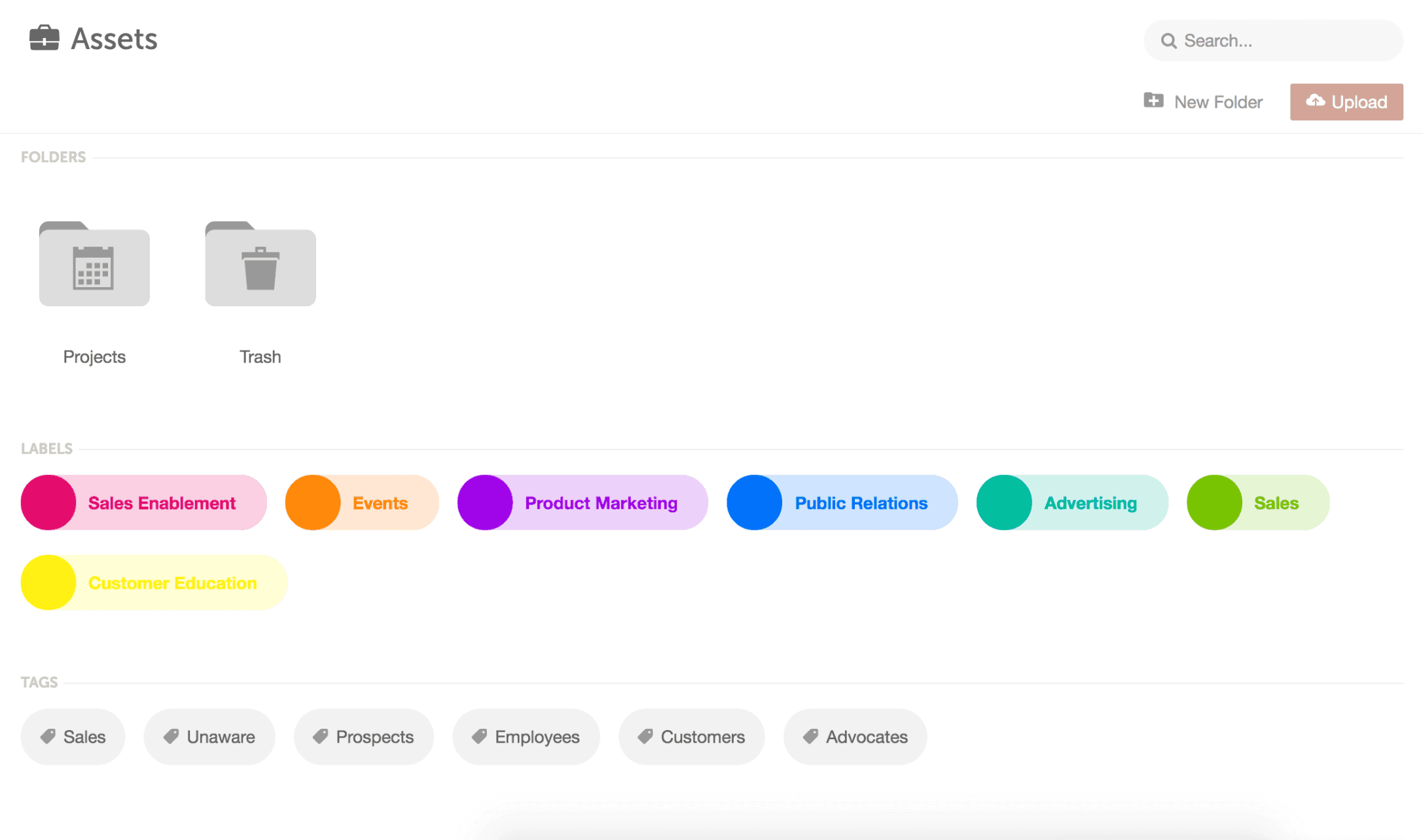Assets main page showing the default Projects and Trash folders.