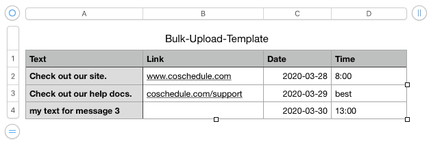 Example CSV file with Text, Link, Date and Time columns filled in for a bulk social upload.