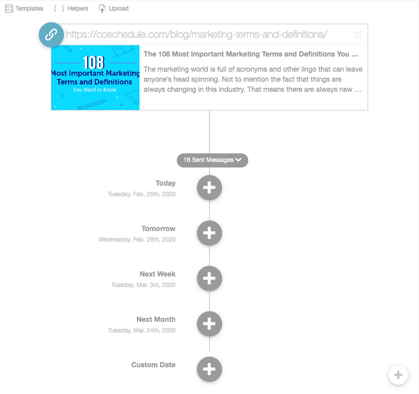 Social campaign timeline for a WordPress post with Sent Messages and a + button for each day.