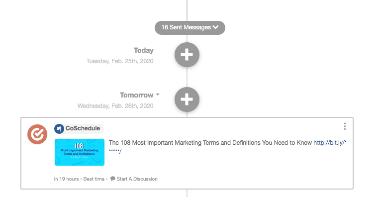 Social campaign timeline showing a new social message scheduled for the WordPress post.