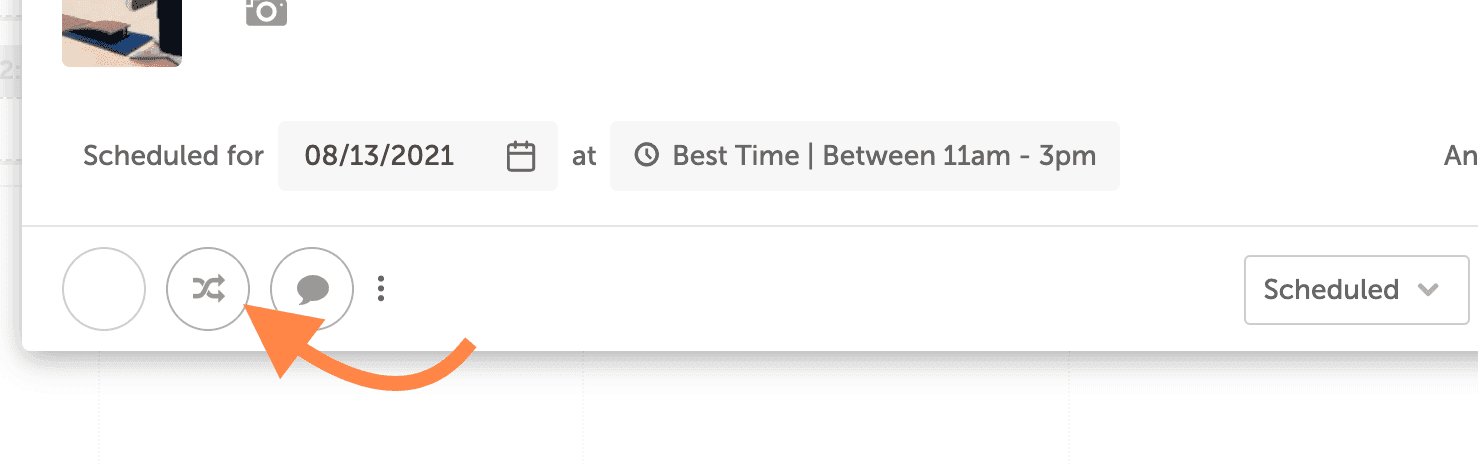 Social message composer with an arrow pointing to the ReQueue icon in the toolbar at the lower left.