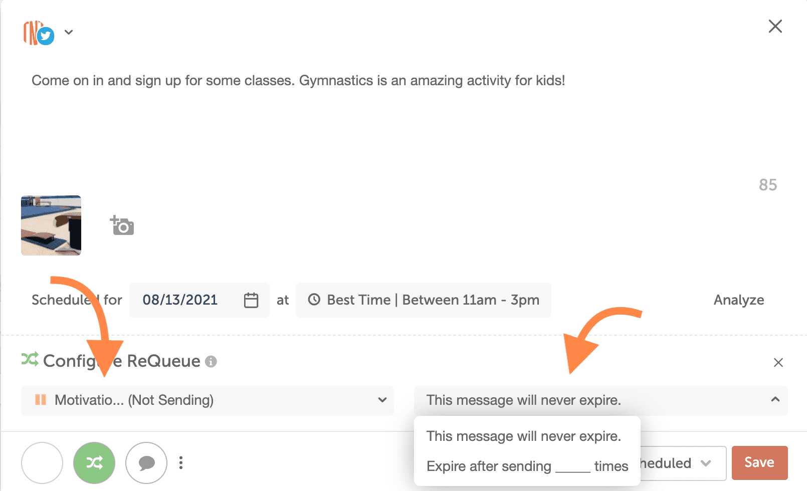 ReQueue options in a social message, choosing a ReQueue group and when the message expires before saving.