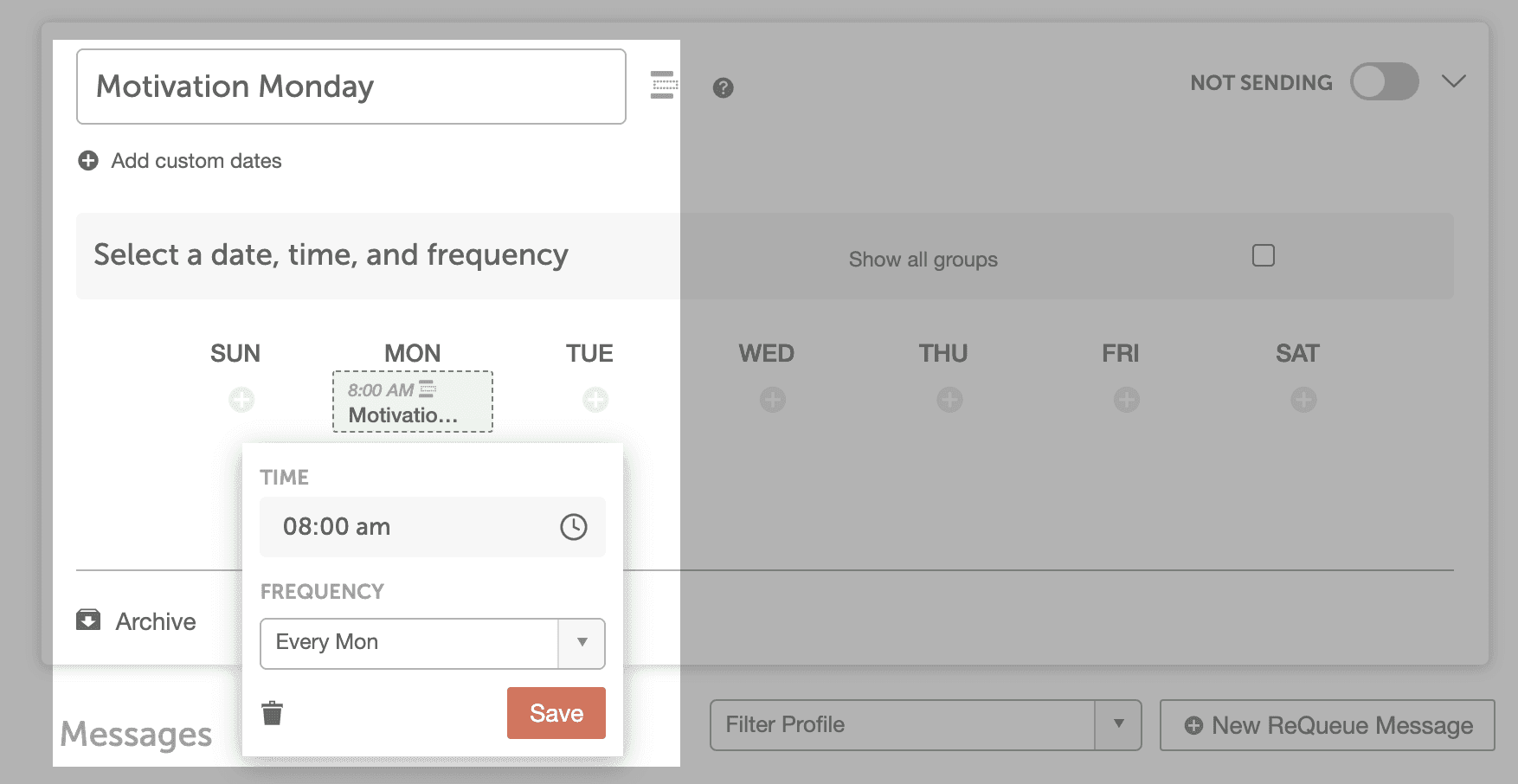 Placeholder group settings in ReQueue, choosing the days and times the group publishes.