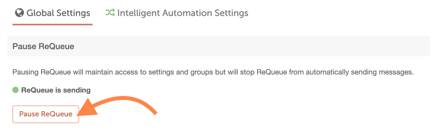 ReQueue settings in Power Ups with the Pause ReQueue button that stops all ReQueue messages.