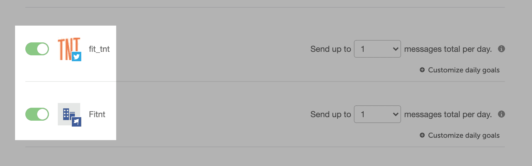 Configure Your Sending Goals section with a toggle to turn ReQueue sending on or off for each social profile.