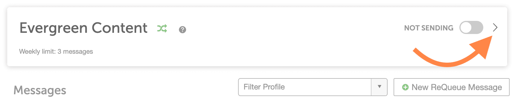 An open ReQueue group with the arrow at the top that opens the group's settings.