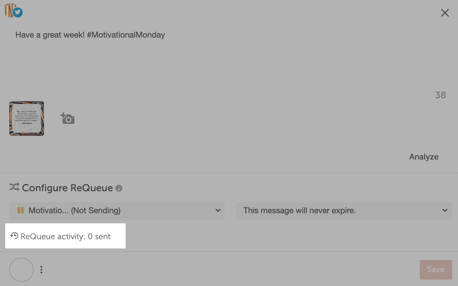 ReQueue options in a message with ReQueue activity: 0 sent highlighted, showing how many times it has been sent.
