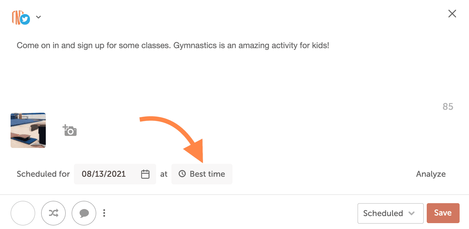 Best time button selected in the time options of the social message composer.