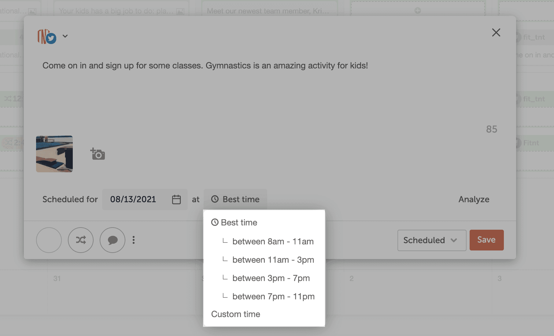 Timeframe drop-down open under Best time in the social message composer.