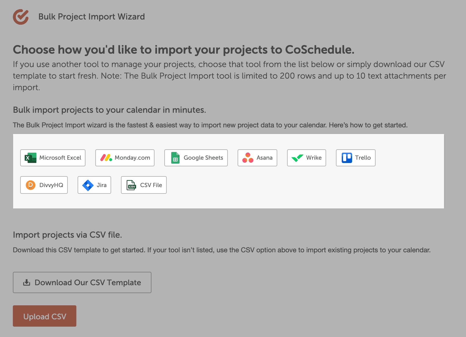 Bulk Project Import Wizard with buttons for tools such as Excel, Asana, Trello and Jira, and Download Our CSV Template.