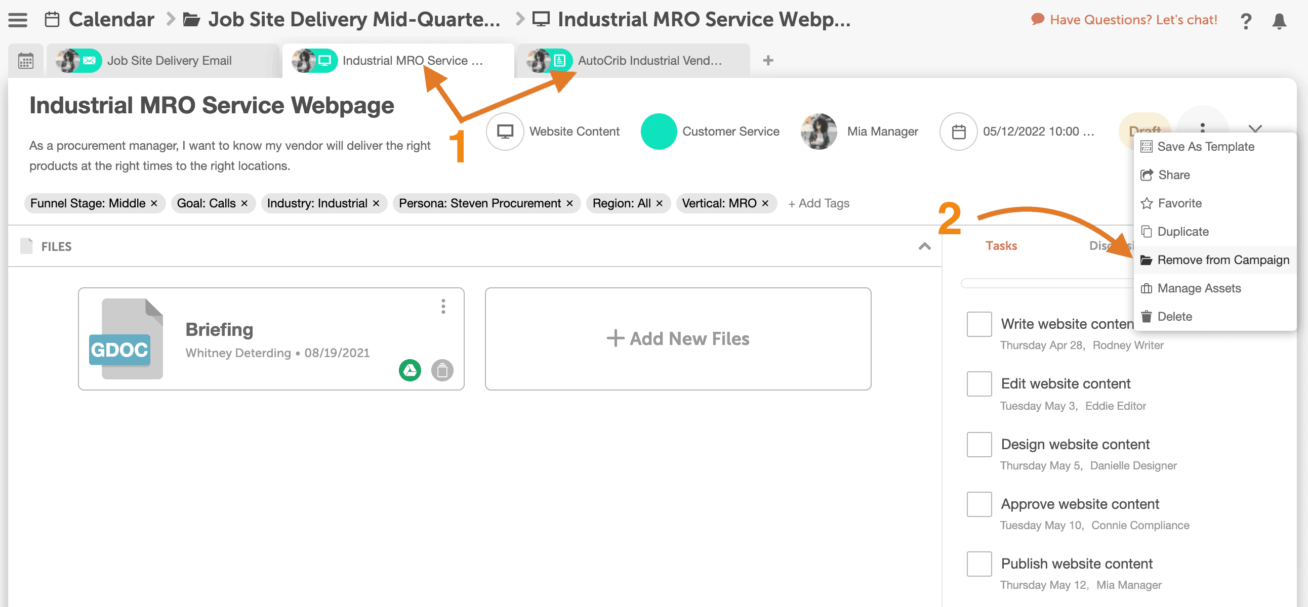 Project inside a marketing campaign with the project selector and the options to move the project highlighted.