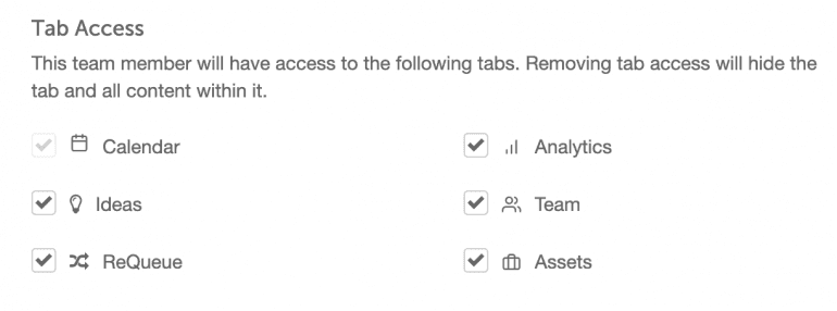 Team member settings with Tab Access checkboxes for choosing which calendar tabs the person can open.