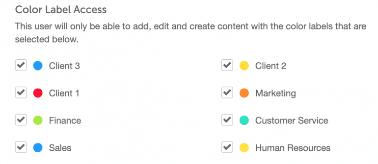 Color Label Access setting showing the color labels the team member can add, edit and create content in.