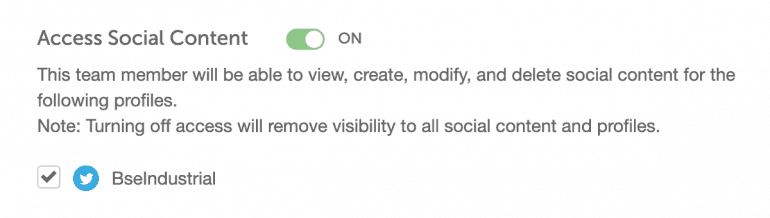 Access Social Content setting with a checkbox for each social profile the team member can use.