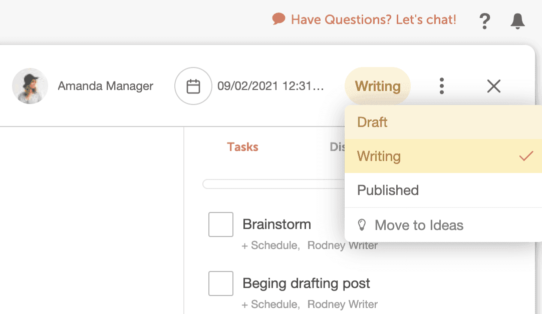Status button at the top left of a project, open to the list of statuses to choose from.