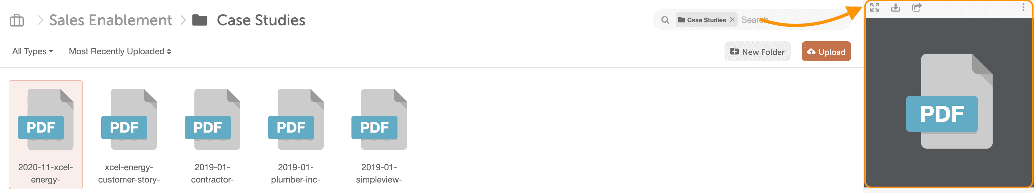 A file selected in Assets, with the expand button that opens it in preview mode.