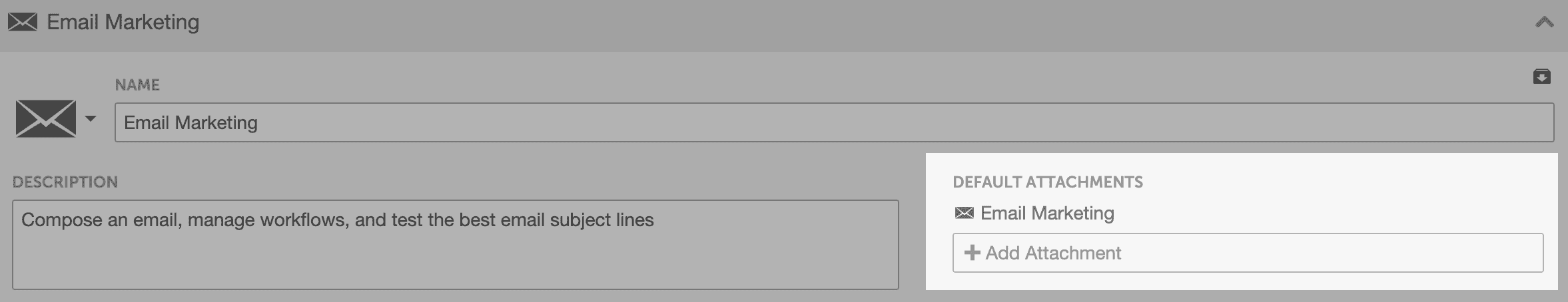 Project Types settings with the Email Marketing project type and its default attachment.