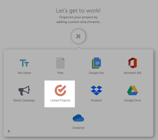 Add Attachment menu in a project with Linked Projects selected.