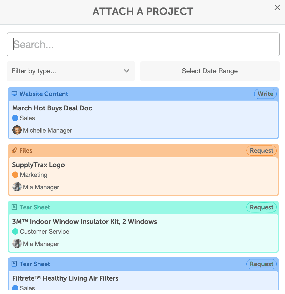 Attach a Project panel with search, Filter by type and Select Date Range to find the project to link.
