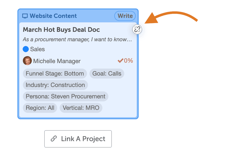 Linked Projects section of a project, with the broken link icon on a project tile to remove the link.