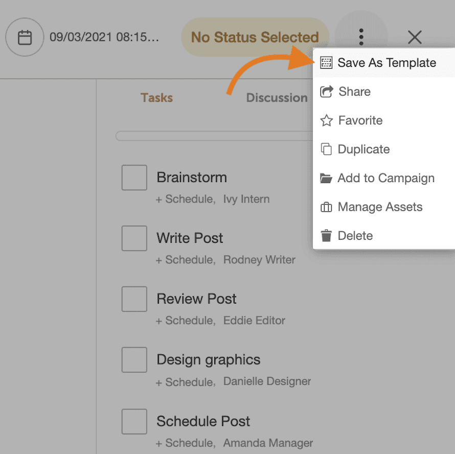 Project ellipsis menu open with Save as Template selected.