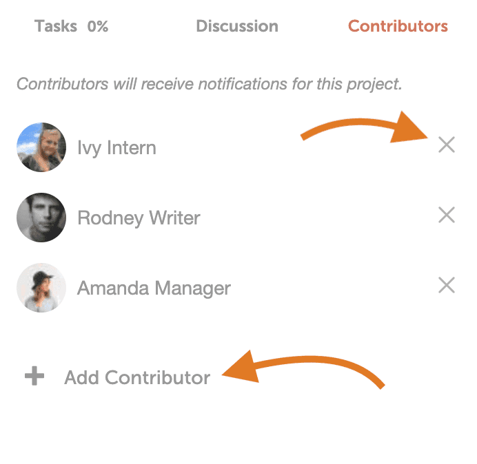 Contributors tab of a project listing its contributors, with an X to remove each one and Add Contributor below.