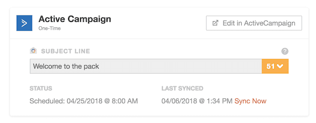 A synced ActiveCampaign email project showing the campaign's title, scheduled date and subject line.